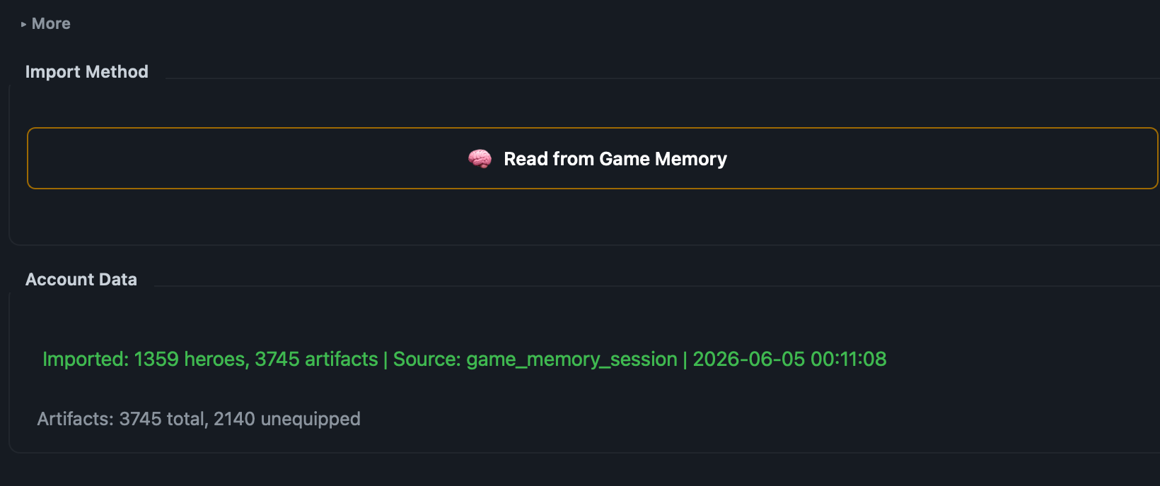 Import-Tab nach erfolgreichem Read from Game Memory