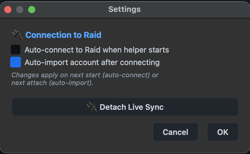 Settings — Connection to Raid mit Auto-Connect- und Auto-Import-Schaltern