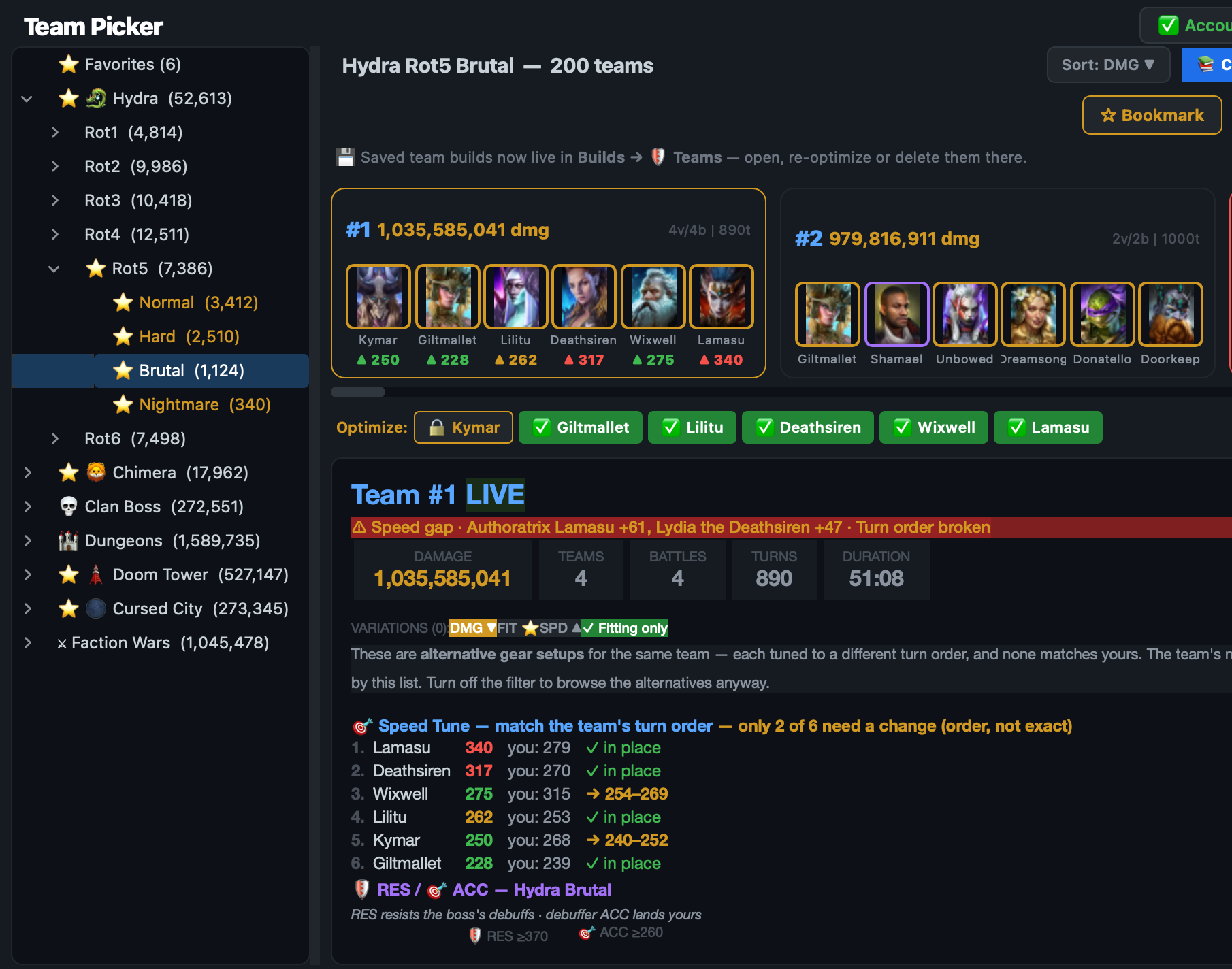 Hydra Rot5 Brutal 上的 Team Picker，带 Team #1 LIVE 详情面板