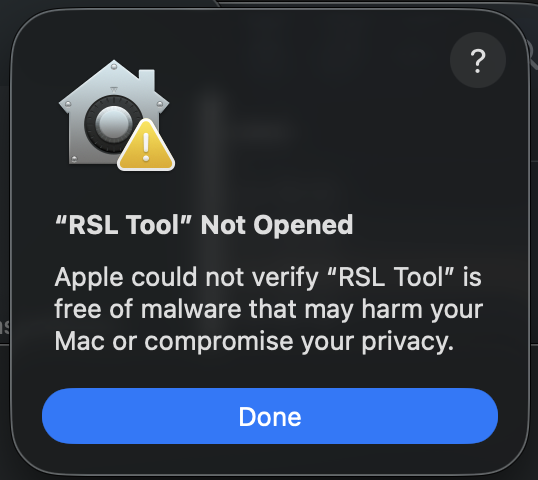Advertencia de Gatekeeper de macOS — RSL Tool no se pudo abrir