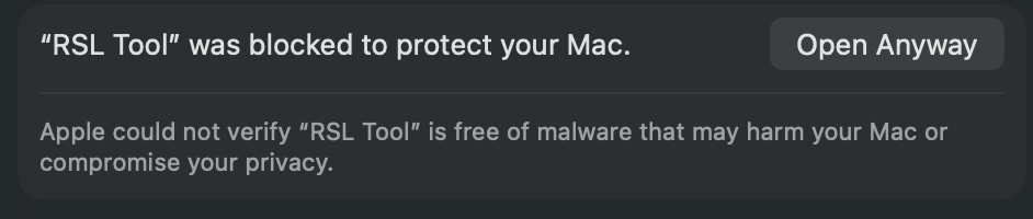 Entrada de Privacy and Security en System Settings con el botón Open Anyway
