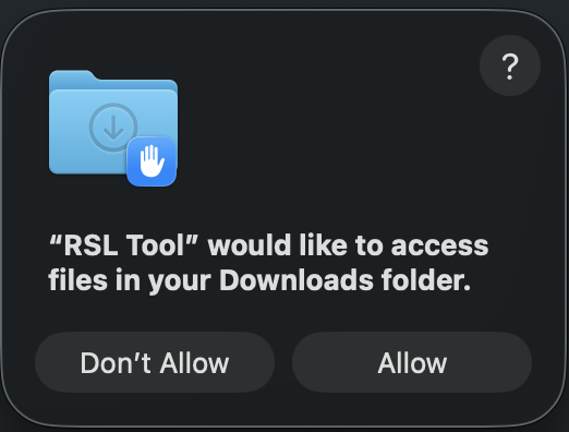 Diálogo de macOS pidiendo acceso a la carpeta Downloads