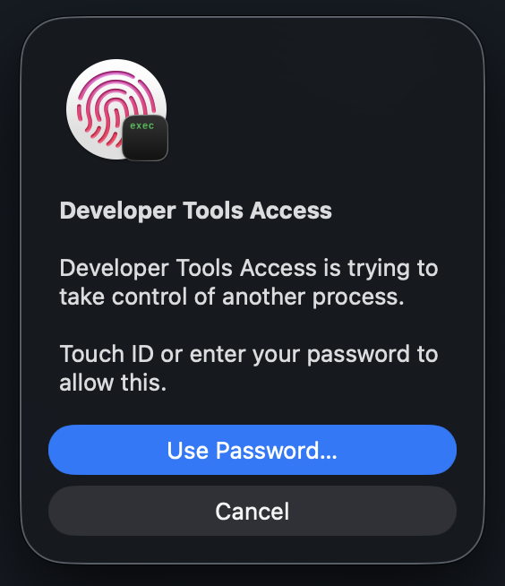 Diálogo Developer Tools Access de macOS con Touch ID